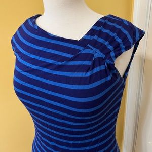 Calvin Klein striped dress blue stripes asymmetric neckline ruched at shoulder